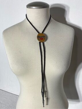 Vintage Coors Banquet Beer Logo Bolo Tie On Black Braided Faux Leather Cord